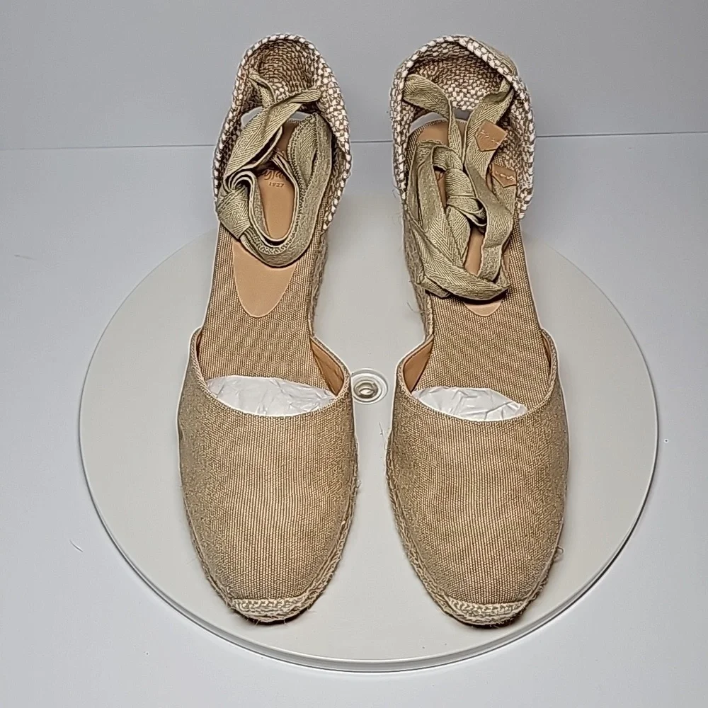 NWB Castaner Carina Sand Canvas Espadrille Wedge Ankle Tie Sandals 10 Jute Heels